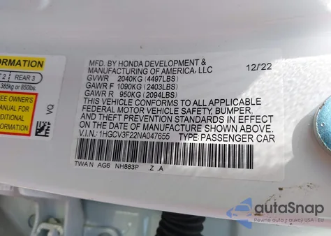 2022 Honda Accord Hybrid Sport из США, поврежденный, VIN 1HGCV3F22NA047655